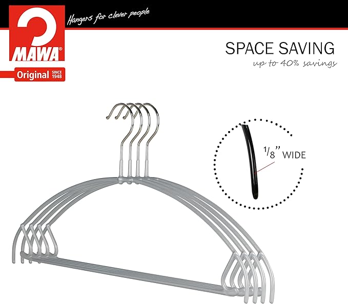 Mawa by Reston Lloyd Euro Ultra Light/Thin Series, Non-Slip Space Saving Clothes Hanger with Bar & Hook for Pants and Skirts, Style 42/PTU, Set of 130, Silver