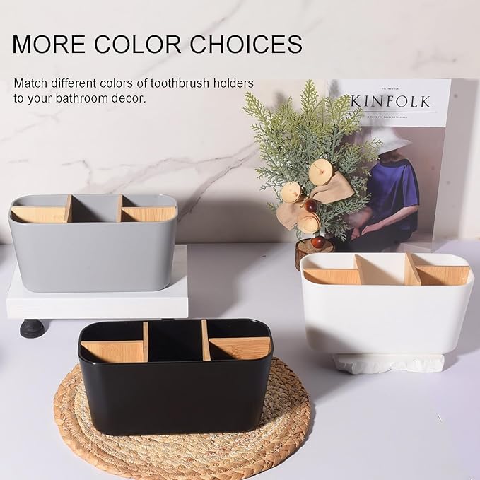Toothbrush Holders for Bathrooms, Bamboo Tooth Brush Holder with 5 Slots Bathroom Vanity Organizer Countertop for Electric Toothbrushes, Toothpaste, Razors - White