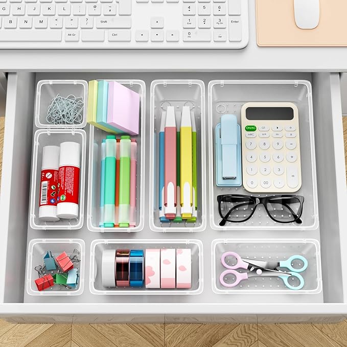 12 PCS Drawer Organizer Set, 4 Sizes Tool Storage Trays, Clear Plastic Makeup Vanity Organizer and Storage Bins for Makeup, Stationeries, Multiple Gadgets for Bathroom, Office, Bedroom
