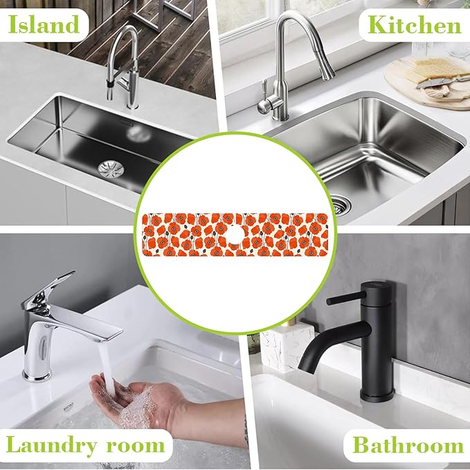 Sink Faucet Absorbing Mat Poppy Flowers Sink Splash Guard Drying Mat for Kitchen Bathroom Faucet Sinkmat 23.5"X5.5"