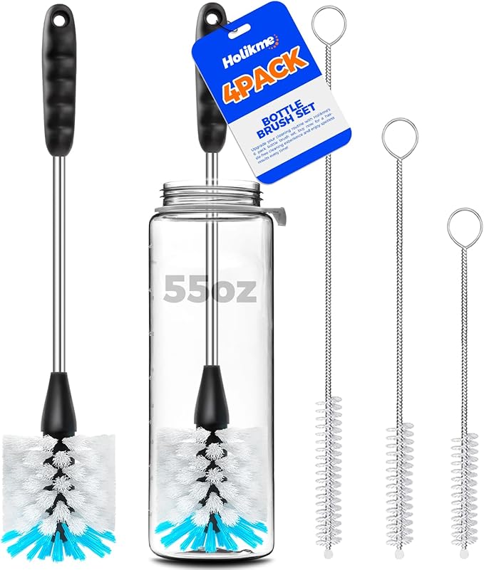 Holikme Bottle Brush Cleaner Set, 14" Long Handle Stainless Steel Bottle Cleaner Brush, 3 Straw Cleaner Brush, Bottle Cleaning Brush for Water Bottle, Cups, Abrasive Flat End Brushes, Straws White