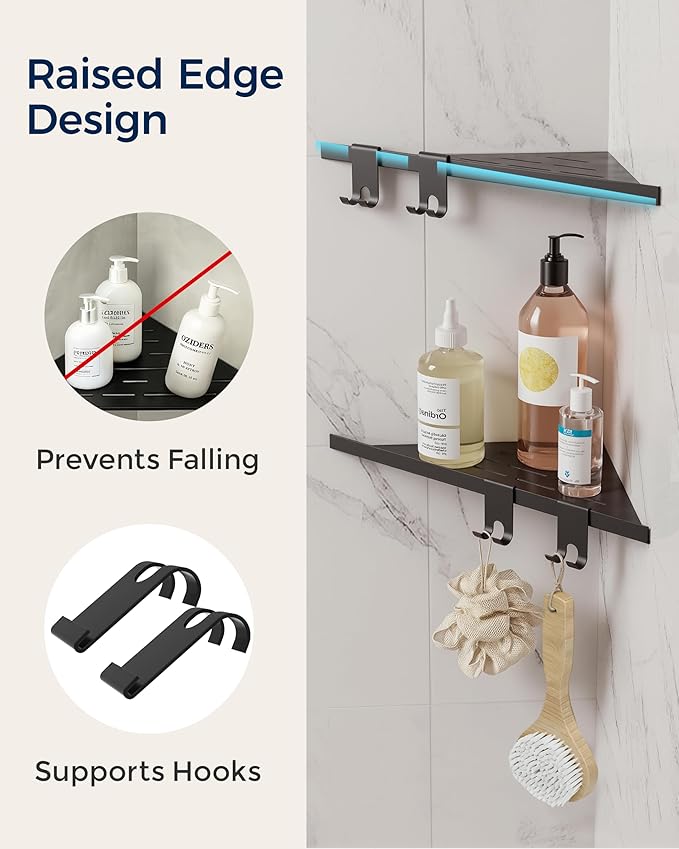 WZKALY Corner Shower Shelf 10'', 304 Stainless Steel Corner Shelf 2 Pack, Grout in Bathroom Shelves for Tiled Wall, Recessed Shower Shelves Caddy with 4 Hooks, No Drilling (Matte Black)