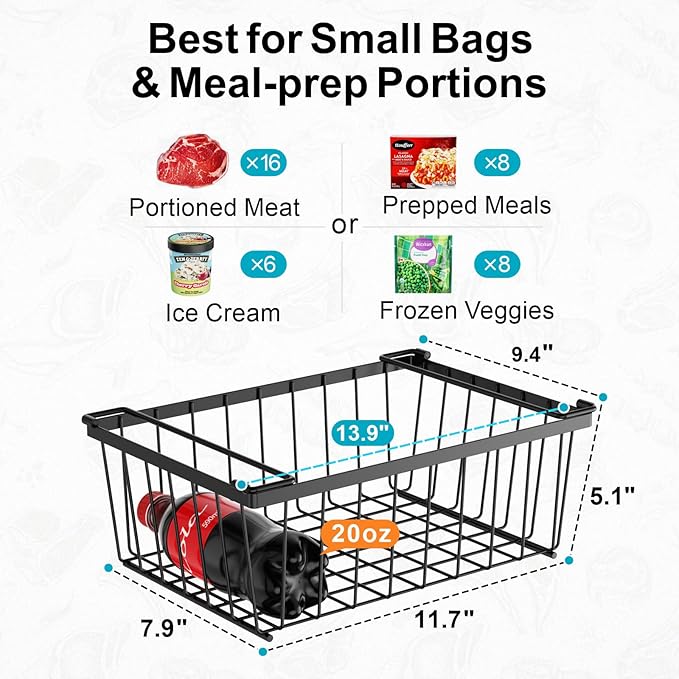 iSPECLE Freezer Organizer Bins, 4 Pack Stackable Chest Freezer Organizer for 5 Cu.Ft Deep Freezer, 14" x 9.4" Heavy Duty Wire Baskets with Handles, Easy Access to Sort Meat & Veggies, Black
