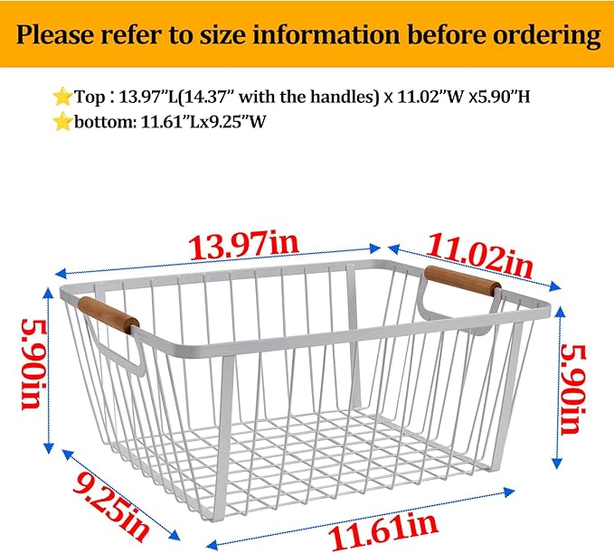 LeleCAT Wire Baskets with Wooden Handle ,Metal Wire Storage Baskets Country Vintage Style Storage Baskets.Storage bins for Kitchen,Bedroom,Bathroom,White,Set of 2