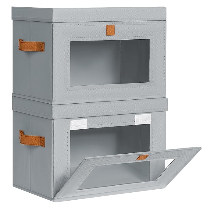 Small Fabric Storage bins - Collapsible Storage Bins with Open Window, 2 Pack Closet Baskets for Shelves, Stackable Decorative Boxes for Home, Dorm, Grey, 13.7"x 9.8" x 9.8"