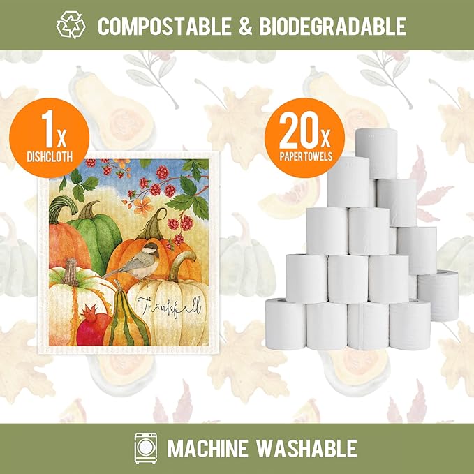 Morigins Mixed Autumn Pumpkin Swedish Kitchen Dish Cloths Reusable, Absorbent Hand Towels for Kitchen Quick Drying Cleaning Cloths Cellulose Sponge Cloth