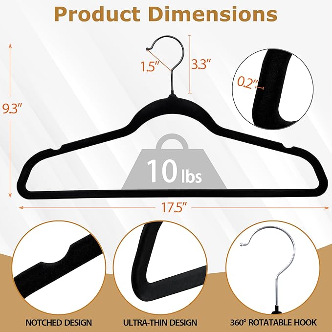 SUPER DEAL Velvet Hangers 100 Pack, Premium Clothes Hanger Slim Non-Slip Notched for Suit Coat Pants Dress 360 Degree Swivel Space Saving Heavy Duty for Closet, Black