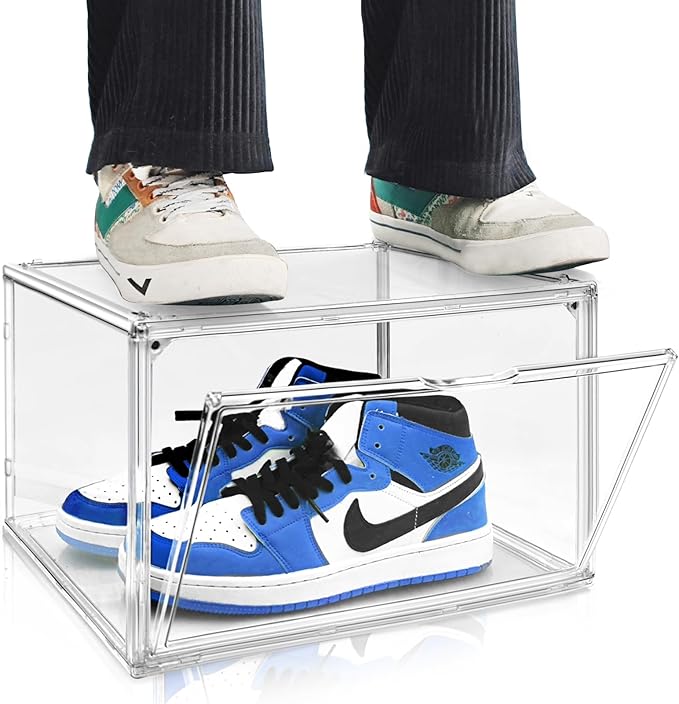 EDS FAM Size 14 Large Clear Shoe Storage Boxes Stackable, Acrylic Shoe Boxes Sneaker Display Case for Sneakerheads Boot Handbag Purse Figure Collectibles Showcase, 1 Pack