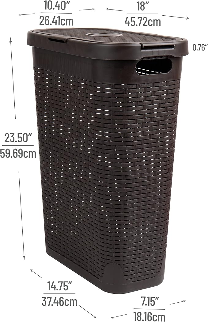 Mind Reader Slim Laundry Hamper with Lid, 40L Clothes Basket, Premium Wicker Design, Plastic, Brown
