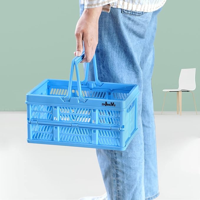 crates for storage,plastic baskets for organizing,collapsible shopping basket,foldable crate with Handles,collapsible storage crate,car basket,for Kitchen,Bathroom,Medicine (Blue, S)