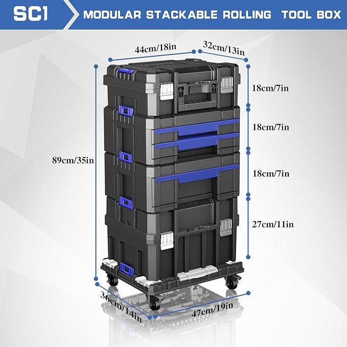5 Tier Stackable Tool Box with Wheels,Rolling Tool Box with Drawers,Modular Tools Organizer,Portable Tool Box with Transparent Parts Box,Large Capacity Toolbox,for Garage Storage,Home and Repair Shop