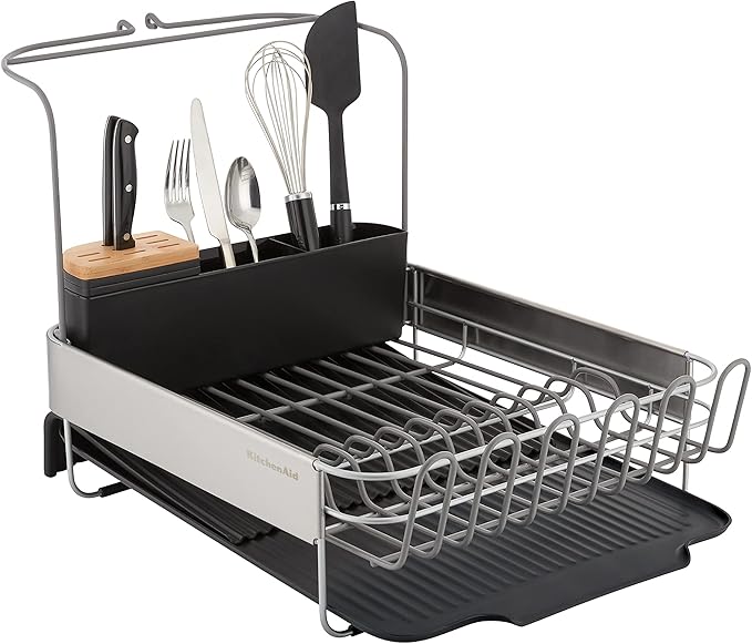 KitchenAid Full Size, Rust Resistant Expandable Dish Rack with Angled Self Draining Drainboard, 24-Inch, Black