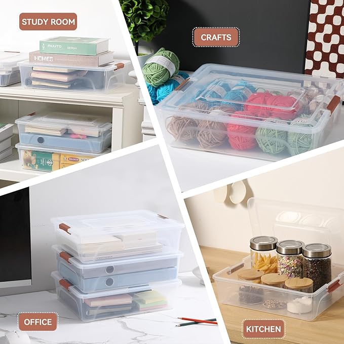 novelinks Clear Stackable Storage Bins with lid Storage Boxes Durable Plastic Organizer Containers for Home Office, Kitchen, Craft Supplies (10 Quart 4 Pack Brown)