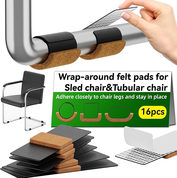 Sled Base Chair Floor Protectors Sled Base Chair Glides Wrap Around Floor Savers，Chair Leg Protectors Furniture Pads, Protect Wood&Tile Floors Anti-Scratch Reduce Noise (16pcs, Brown Felt Pads)