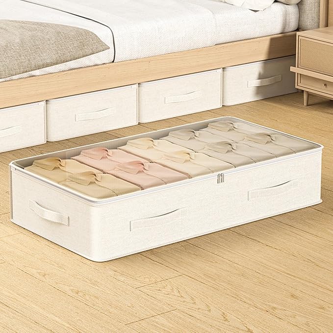 QTLCOHD 3 Pack Under Bed Storage Containers, 31.5 x 17.7 x 6 Inch Large Collapsible Beige Under Bed Drawer Storage Organizer with Handle and Lid for Clothes, Fabric, Blanket, Shoes, Sheet