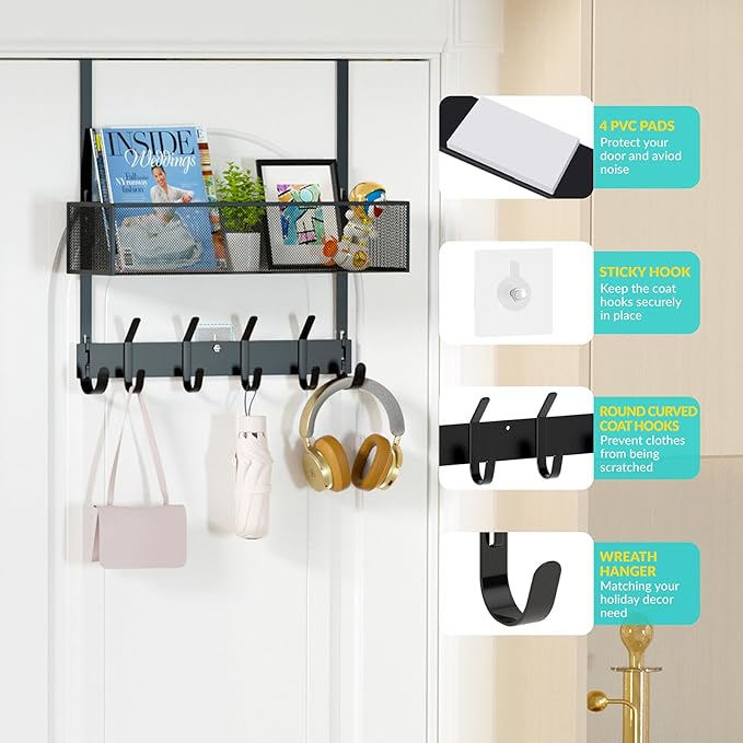 LUCYCAZ Over The Door Hooks - Over Door Organizer, Door Hanger Towel Rack with Mesh Basket & Wreath Hanger, Behind Door Storage Coat Hooks for Bathroom, Bedroom, Kitchen (Black)