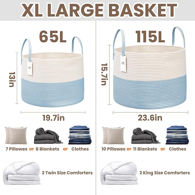 115L Extra Large Blanket Basket for Living Room - Woven Cotton Rope Laundry Hamper with Reinforced Handles - Storage Bin for Pillows, Comforters & Toys - Machine Washable,White&Blue