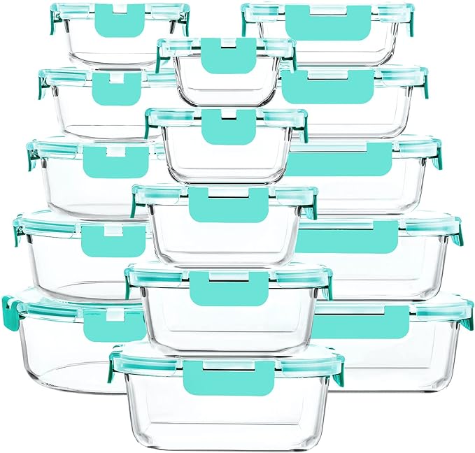 30 Pieces Glass Food Storage Containers with Upgraded Snap Locking Lids,Glass Meal Prep Containers Set - Airtight Lunch Containers, Microwave, Oven, Freezer and Dishwasher Friendly (Green)