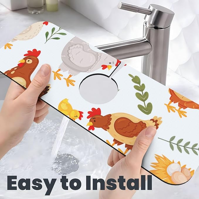Faucet Draining Mat For Kitchen Sink, Cute Rooster Diatom Mud Absorbent Drain Pad For Bathroom Kitchen Sink Splash Guard Drying Mat