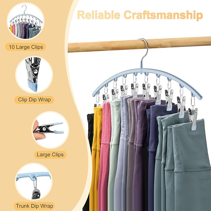 Legging Organizer for Closet, Metal Yoga Pants Hanger w/Rubber Coated 1 Pack w/10 Clips Hold 10 Leggings, Hangers Space Saving Hanging for Closet Organizers and Storage-Blue