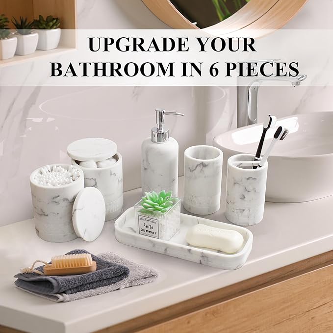 6-Piece Bathroom Accessories Set, Organizer Set with Soap Dispenser, Toothbrush Holder Set, Vanity Tray, Tumbler & 2 Cotton Swab Jars – Modern Stylish Bathroom Storage(Marble White)