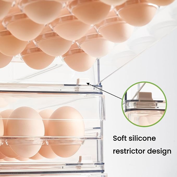 vacane Egg Holder for Refrigerator, 48 Capacity Clear Egg Storage Drawer with Non-Slip Pads, Stackable BPA-Free Egg Organizer Tray for Fridge