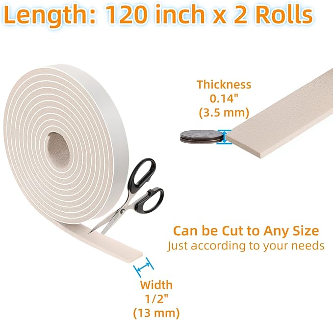 Felt Strips with Adhesive Backing – Furnigear Heavy Duty Cuttable Felt Tape Roll Furniture Pads for Chair Legs - Protecting Hardwood Floors, Chair Wall Protector (Beige, 120 x 0.5 x 0.14 Inch)