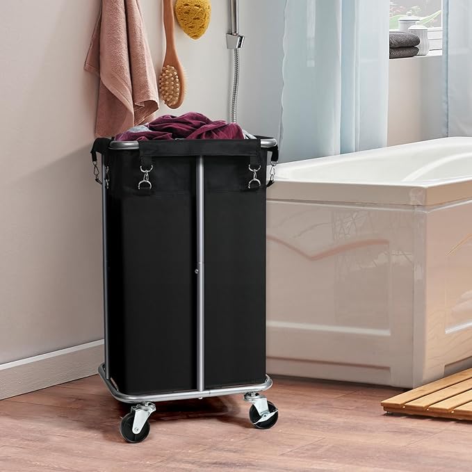 Laundry Basket with Wheels, Rolling Laundry Hamper with Removable Bag, 100L Laundry Sorter Cart, Tall Narrow Slim Clothes Hamper Organizer with Sturdy Metal Frame, Black+Silver