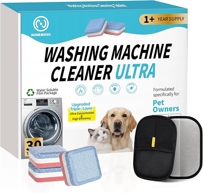 Nunemosk 2-in-1 Pet Hair Removal Kit, Washing Machine Cleaner Tablets & Reusable Pet Hair Removal Glove for Cats and Dogs, Remove Stubborn Pet Hair | Complete Solution for Pet Owners