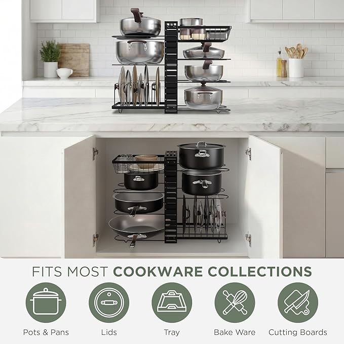 7-Tier Pots and Pans Organizer Under Cabinet - Cooking Pot Lid Organizer for Cabinet with Basket for Utensils, Lid Rack - Adjustable Vertical Holder Cookware Storage, Steel Pot Rack for Kitchen