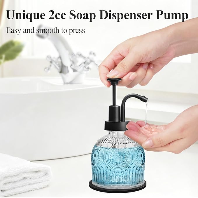 SheeChung Vintage Soap Dispenser, Kitchen Dish Soap Dispensers with Pump Mat, Glass Hand Soap Dispenser for Bathroom, Liquid, Lotion, Refillable, Rustic Farmhouse Decor-Clear (Black Pump, 2 pk)