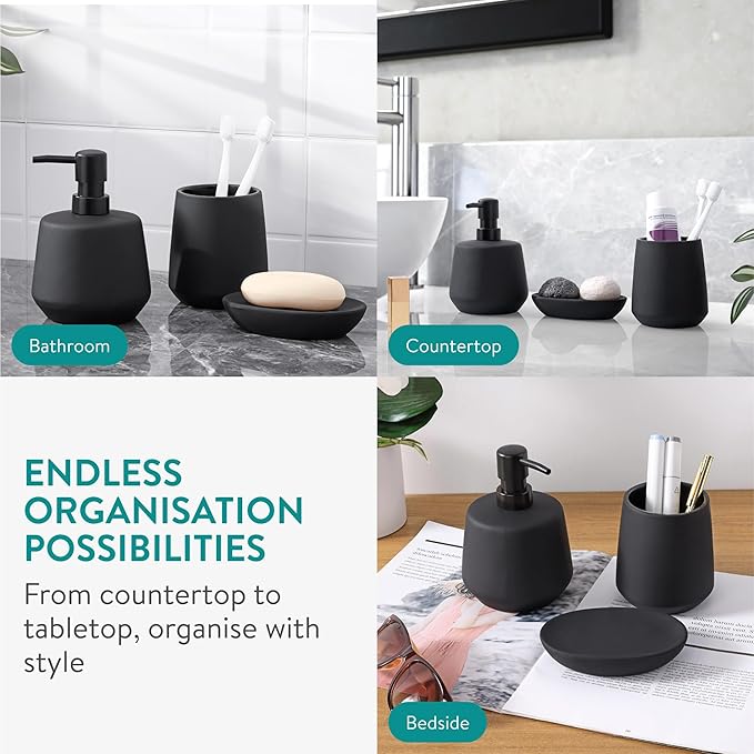 Navaris Ceramic Bathroom Sink Accessories Set - Complete 3pc Matte Black Accessory Set - Soap Dispenser, Toothbrush Holder and Tray - Sets for Bathrooms, Vanity, and Kitchen Sinks