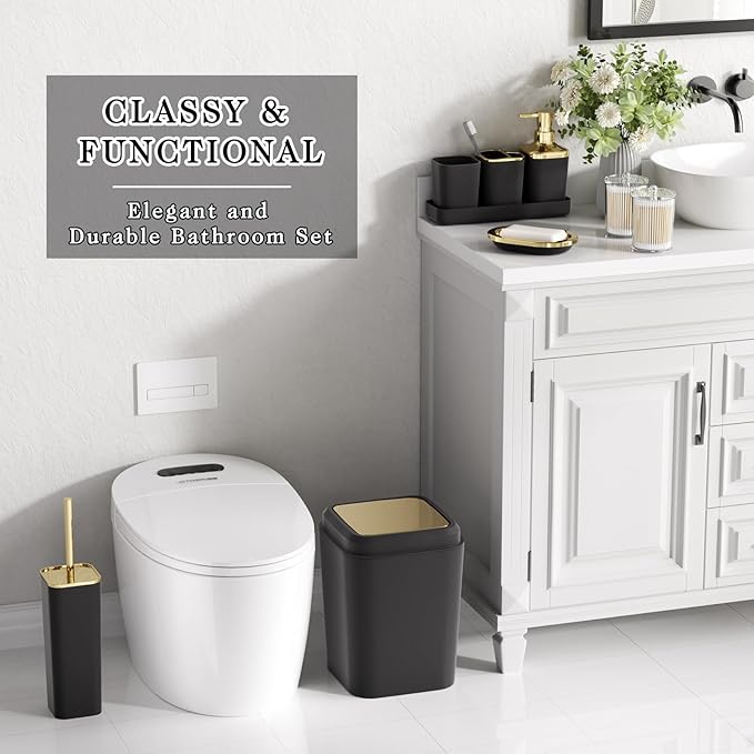 Bathroom Set - Black Bathroom Accessories Set, Bathroom Sets with Shower Curtain and Rugs, 24PC Shower Curtain Set with Hooks, Soap Dispenser, Soap Dish, Toilet Brush Holder and Trash Can