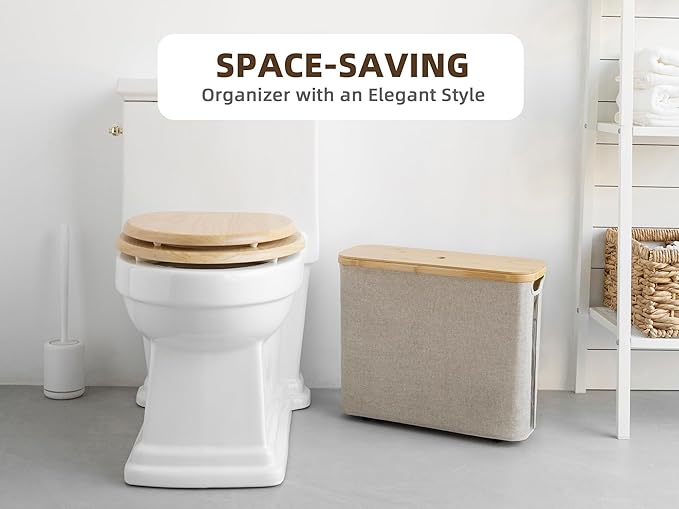 StorageWorks Toilet Paper Storage with Bamboo Lid, Toilet Paper Holder Basket for Up to 9 Mega or 12 Regular Size Rolls, Medium Paper Storage Baskets for Bathroom, Light Khaki, 1 Pack