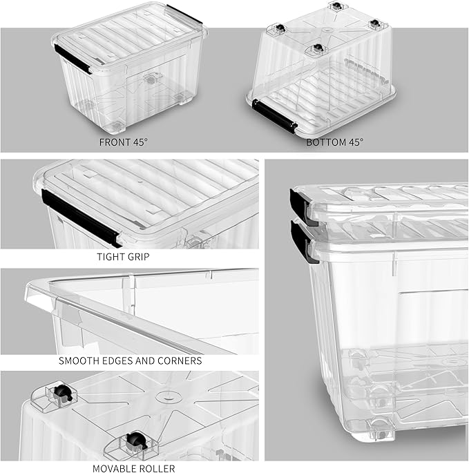 Lidded Storage Bin Stackable Storage Box Organizing Container with Lid and Snap Lock, Durable, Plastic, Clear, 85 quart, Pack of 4