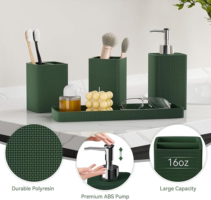 Green Bathroom Set, Dark Green Bathroom Accessories Set with Shower Curtain and Rugs, Bath Towel Sets, Natural Loofah Sponge, Soap Dispenser, Toothbrush Holder, Bathroom Tumbler and Tray for Bathroom
