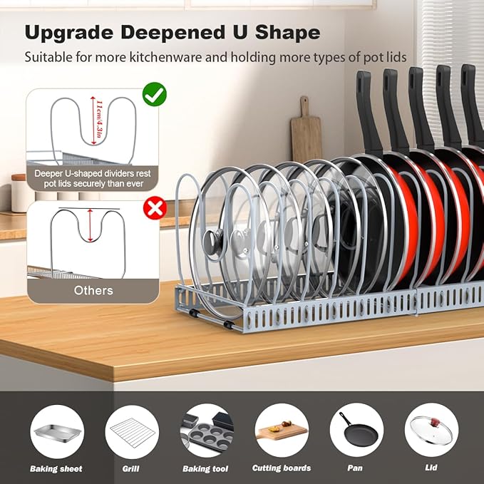 Housolution Pot and Pan Organizer Rack for Cabinet, Upgraded Expandable Pot Lid Organizer with 14 Adjustable Dividers, Pan Holder Storage Rack for Kitchen Cabinet, Grey