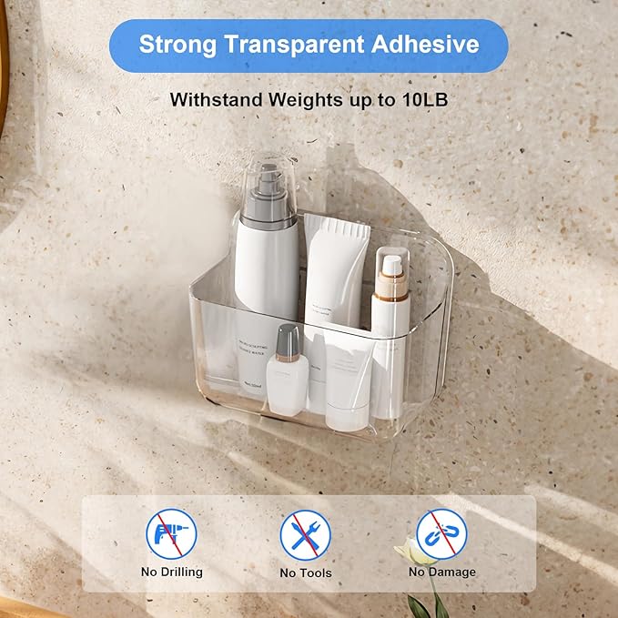 Diesisa 2pc Acrylic Wall Mount Organizer, Acrylic Adhesive Organizer, Clear Shelf, Bathroom Shelves for Wall,No Drilling Hang Walls,with Self Adhesive Tape, for Bathroom, Kitchen, Living Room