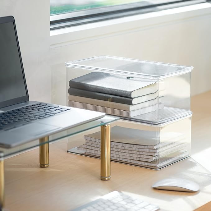 iDesign Stackable Shoe Box with Hinged-Lid for Wedges or Sandals, Set of 4, Clear, Made in USA