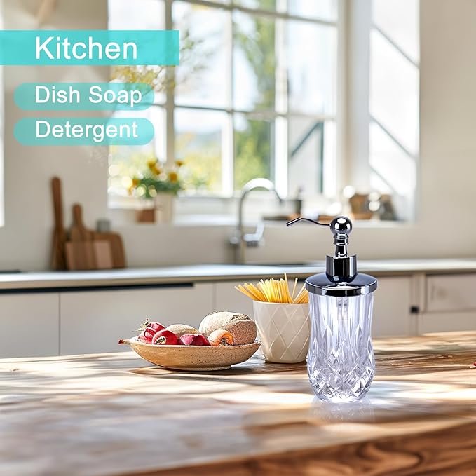 9Oz Clear Glass Soap Dispenser with Zinc Alloy Pump,Lead-Free Thick-Cut Glass,Countertop Soap Dispensers for Bathroom & Kitchen,Round