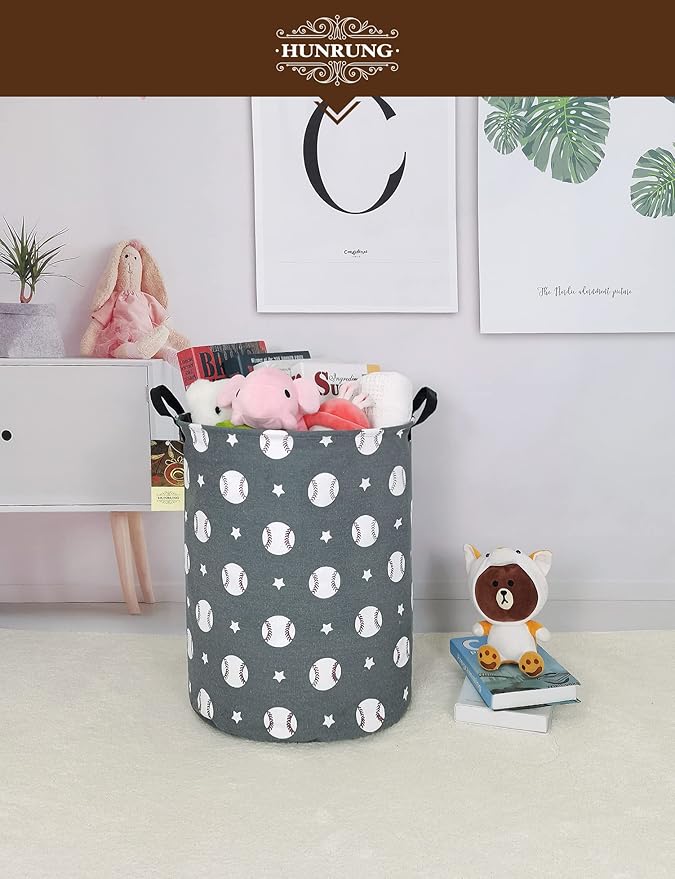 HUNRUNG Laundry Hamper,Large Canvas Fabric Lightweight Storage Basket Toy Organizer Dirty Clothes Collapsible Waterproof for College Dorms, Children Bedroom,Bathroom（Round-Grey Baseball）