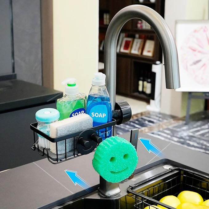 Sponge Holder for Kitchen Sink Smiley Face Sponge Holder Over Faucet - Stainless Steel Sink Caddy Organizer with Quick Stone Drying Mat (Black)