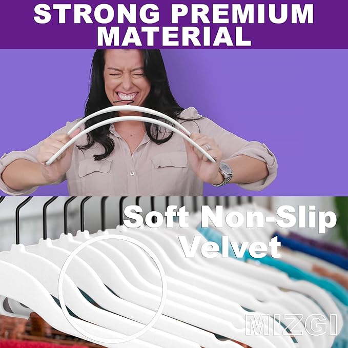 MIZGI Premium Velvet Hangers (50 Pack) Heavy Duty - Non Slip Felt Hangers - White Velvet Suit - Black Coated Hooks,Space Saving Clothes