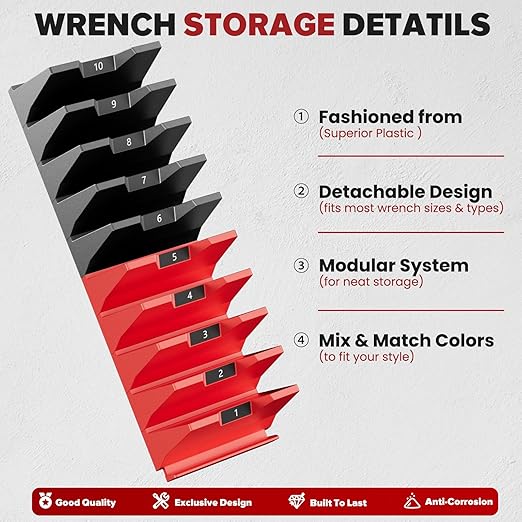 40PCS Modular Wrench Organizer - Wrench Tool Organizers for Tool Drawer Storage, Wrench Storage Set with Metric & SAE Label, Wrenches Rack Tool Gift for Professional Mechanics Men, Black & Red