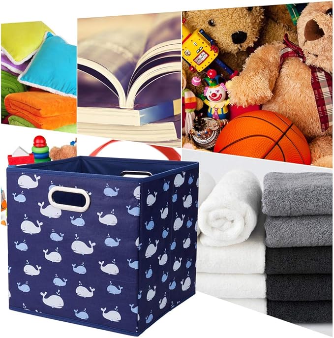Whale Collapsible Cloth Storage Cube Baskets Blue Fabic Cube Bins 10.5x 10.5 x11 in Foldable Storage Cube Boxes Folding Storage Inserts Drawer for Cube Organizer Storage ,QY-SC11-3