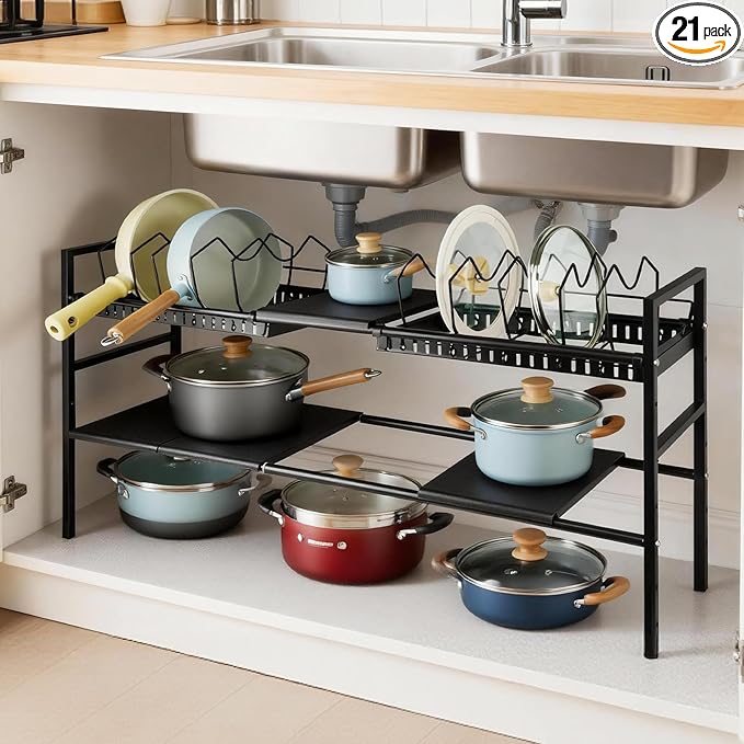 Pots and Pans Organizer Under Cabinet, Expandable Length, Adjustable Height Under Sink Shelf 2 Tier with 5 Dividers Under Cabinet Shelf, Metal Frame for Bathroom Kitchen Pantry Cabinet (Black)