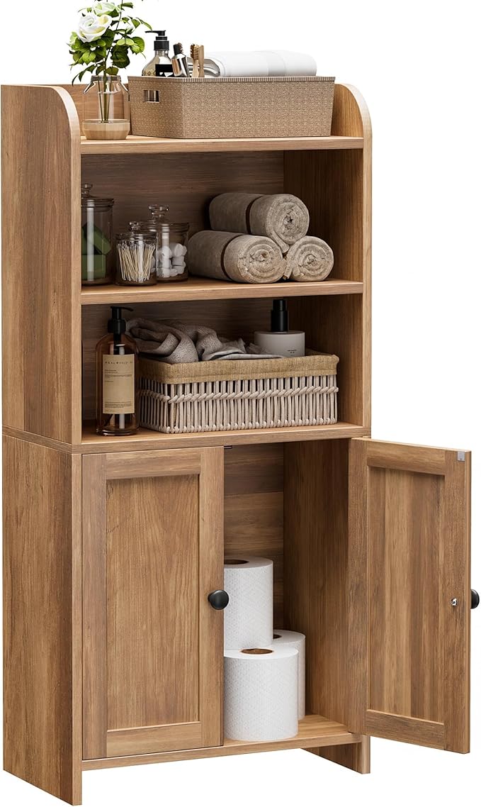 Homhedy Small Bathroom Storage Cabinet, Freestanding Toilet Paper Storage with 2 Doors and Shelves, Bathroom Organizers and Storage for Small Spaces, 7.9" D x 14.6" W x 31" H, Rustic Walnut