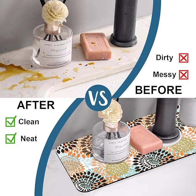Vintage Flowers Kitchen Sink Splash Guard Faucet Mat Abstract Floral Super Absorbent Fast Drying Mat Sink Splash Guard Behind Faucet for Kitchen Bathroom, 15.5"x5.5"