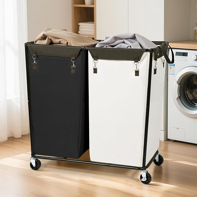 STO STO 280L Rolling Industrial Laundry Hamper with Wheels, 2-Compartment Extra Large Laundry Sorter, Heavy Duty Dirty Clothes Basket Cart with Metal Frame for Home or Commercial Use, Beige/Black