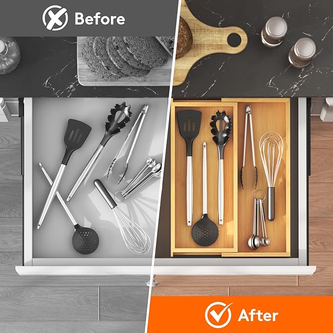 Lifewit Utensil Organizer for Kitchen Drawer, Expandable Cooking Utensil Tray, Cutlery Silverware Flatware Holder, Wood Adjustable Spatula Tools Storage Divider, 7-12 x 15.75", Natural